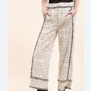 Moon River Fringe Detail Pant Wide Leg Ankle Cream Black Boucle Trouser Sz M NEW